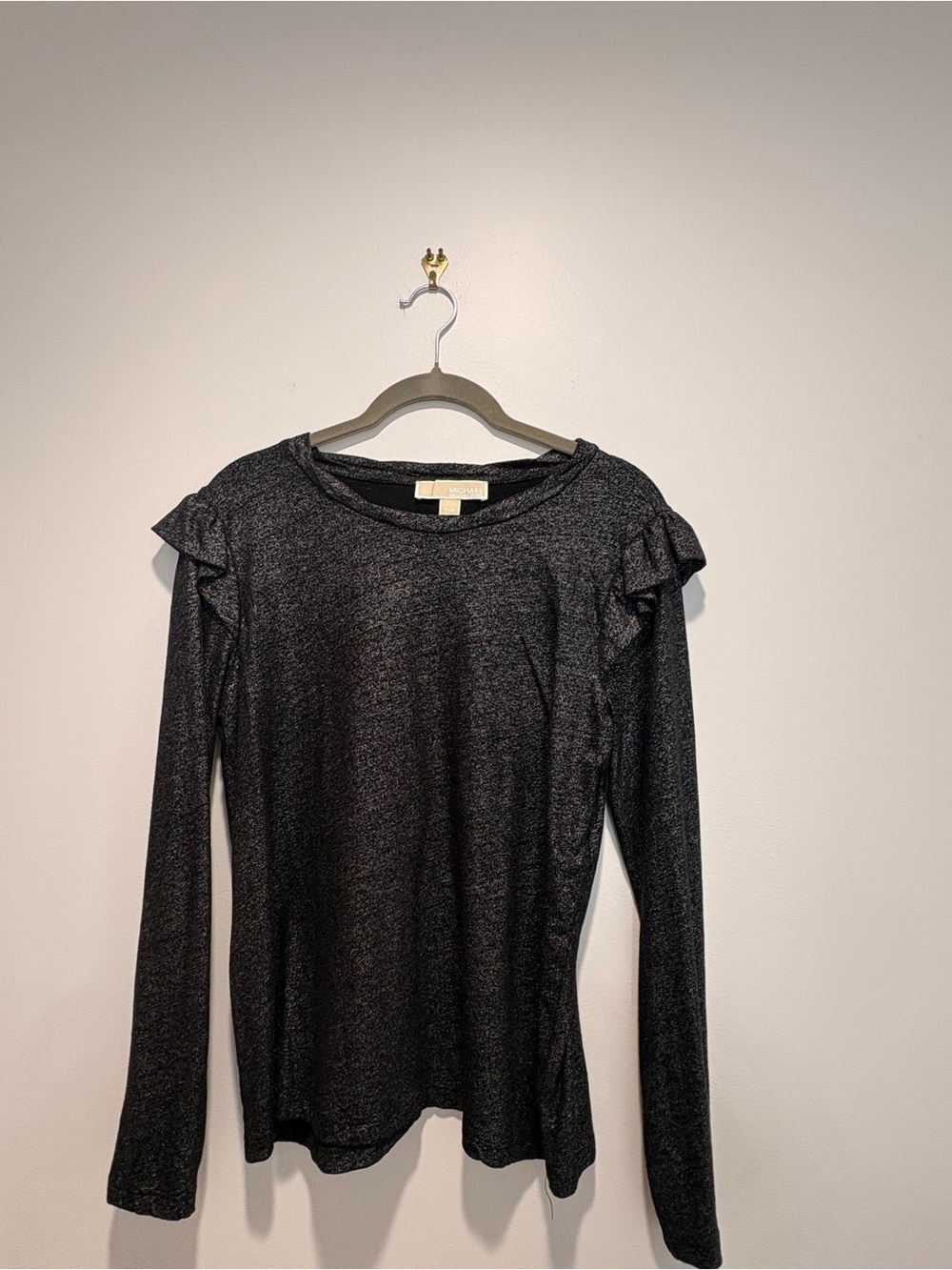 Michael Kors Black Metallic Long Sleeve Ruffle Shoulder Top
